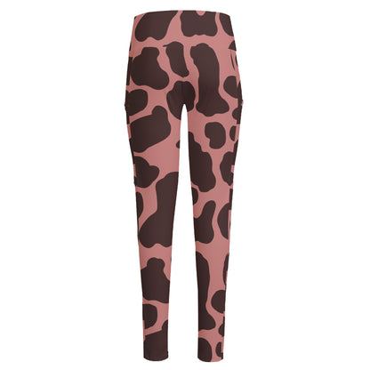 Red Brown Cow Print High-Waisted Pocket Leggings