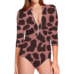 Red Brown Cow Print Long Sleeve Swimsuit