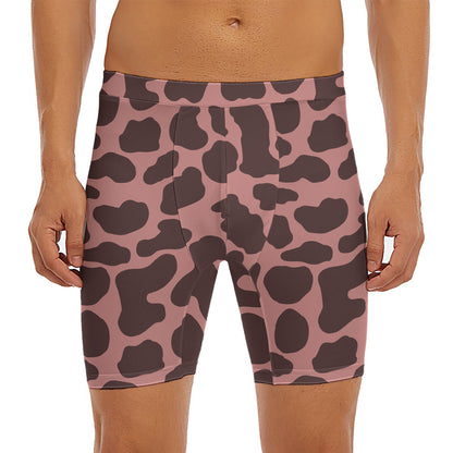 Red Brown Cow Print Men's Long Boxer Briefs