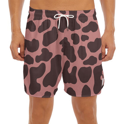 Red Brown Cow Print Men's Split Running Shorts
