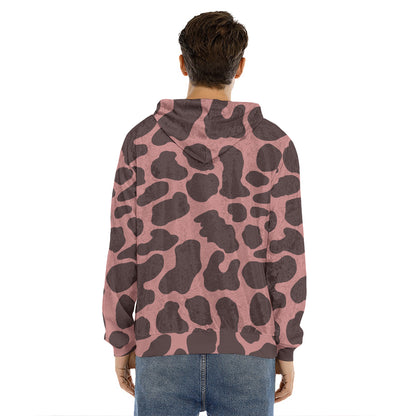 Red Brown Cow Print Men's Velvet Pullover Hoodie
