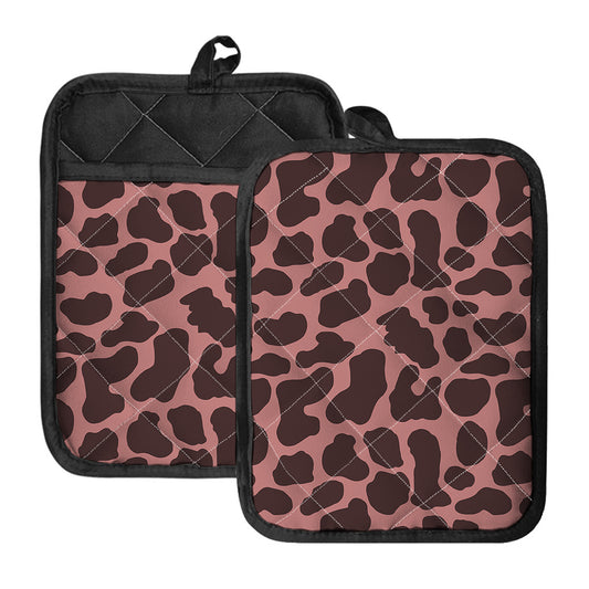 Red Brown Cow Print Pot Holders With Pocket