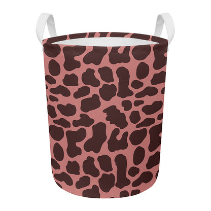Red Brown Cow Print Round Laundry Basket