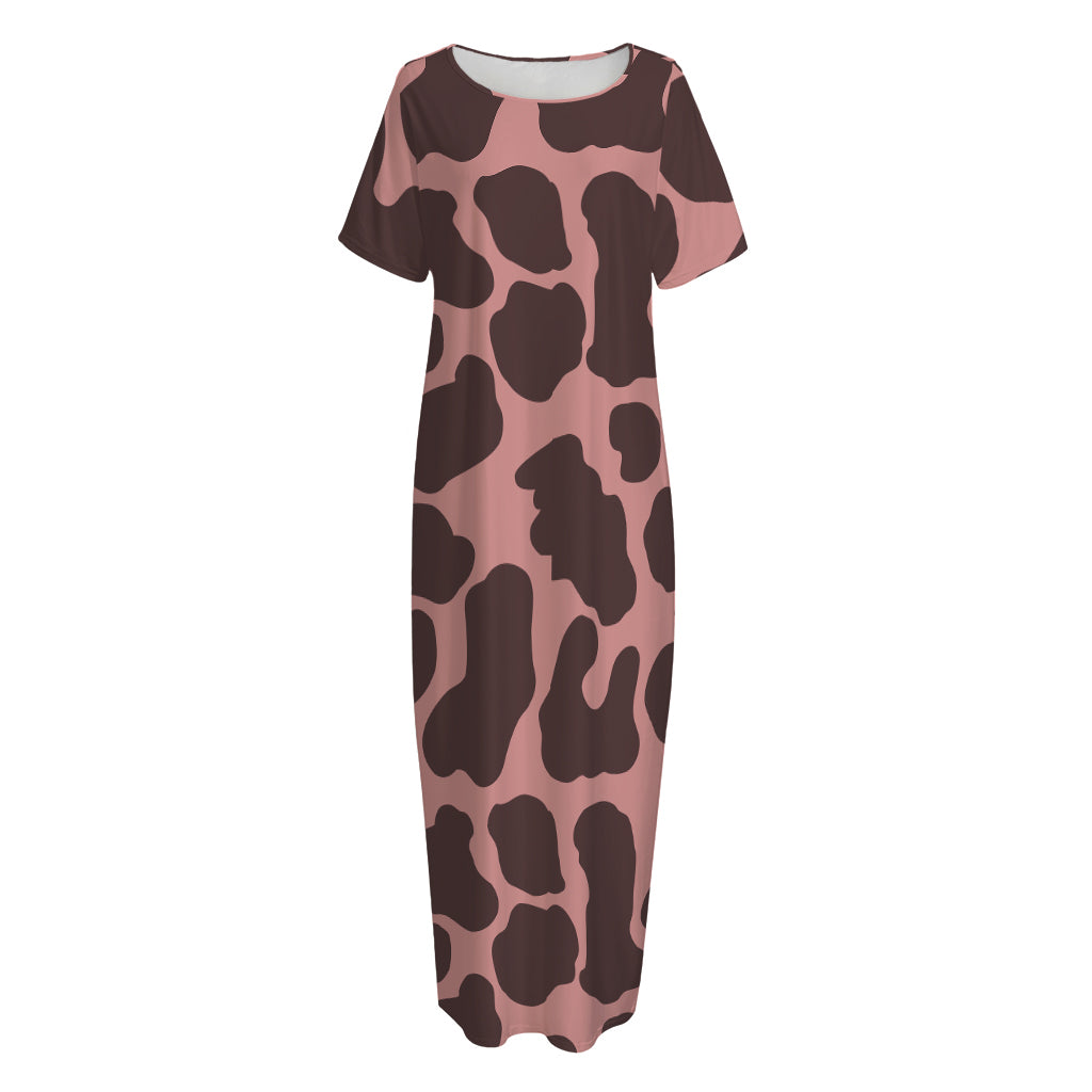 Red Brown Cow Print Short Sleeve Long Nightdress