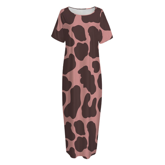 Red Brown Cow Print Short Sleeve Long Nightdress