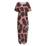 Red Brown Cow Print Short Sleeve Long Nightdress