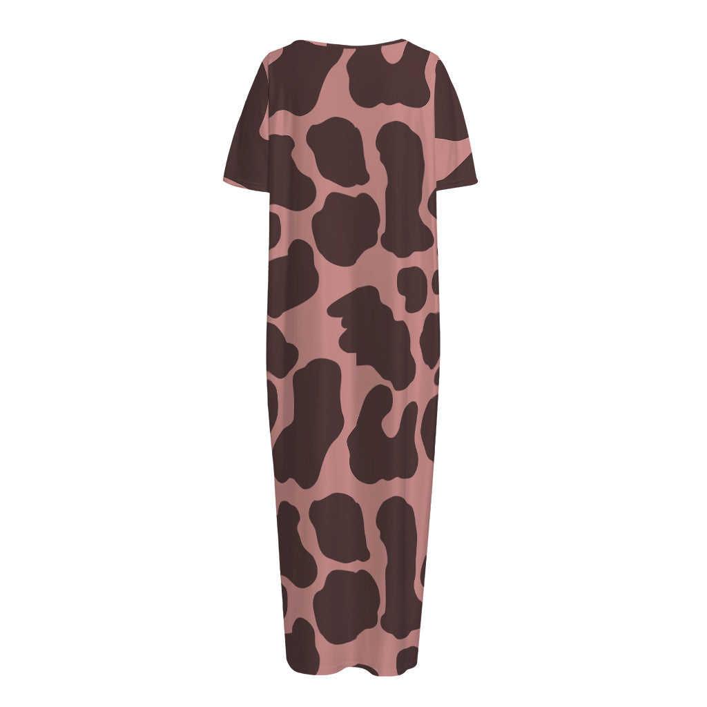 Red Brown Cow Print Short Sleeve Long Nightdress