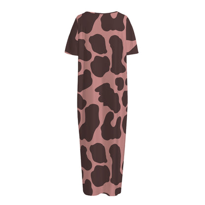 Red Brown Cow Print Short Sleeve Long Nightdress