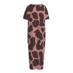 Red Brown Cow Print Short Sleeve Long Nightdress