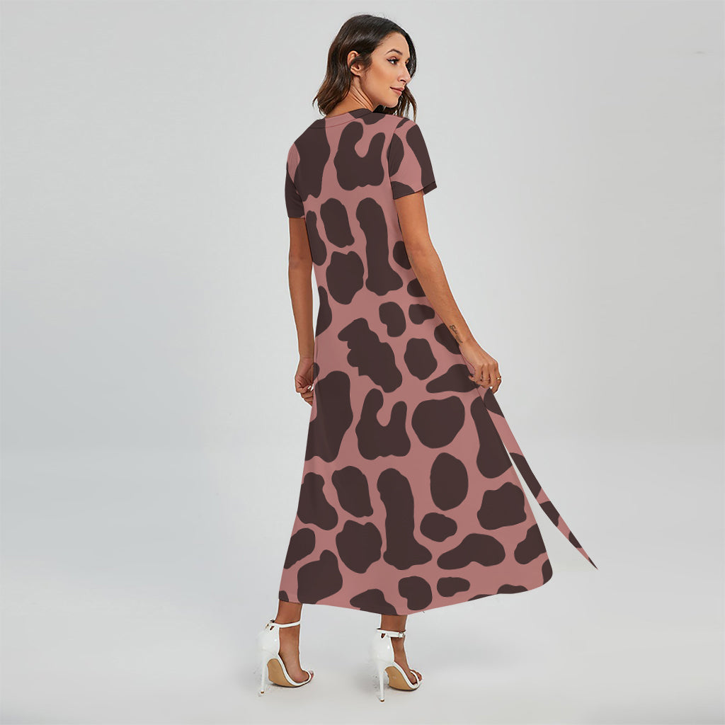 Red Brown Cow Print Short Sleeve Maxi Dress