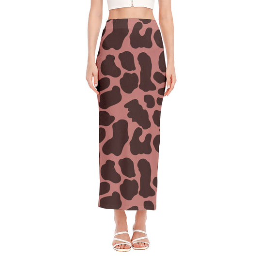 Red Brown Cow Print Side Slit Maxi Skirt