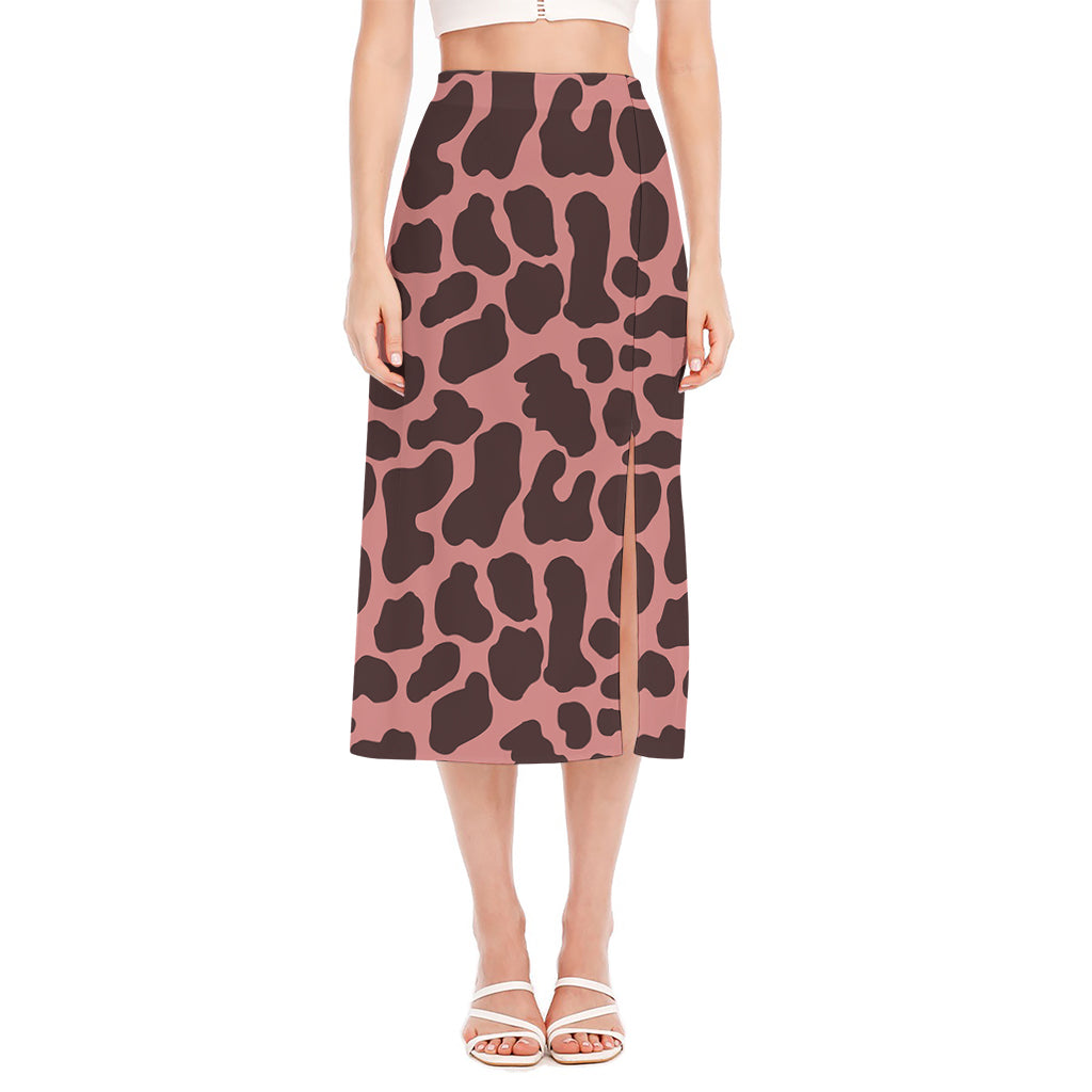 Red Brown Cow Print Side Slit Midi Skirt