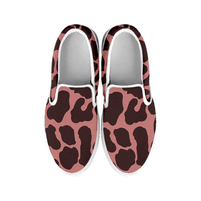 Red Brown Cow Print White Slip On Sneakers