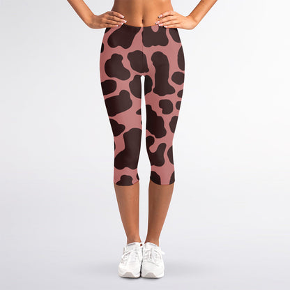 Red Brown Cow Print Women's Capri Leggings