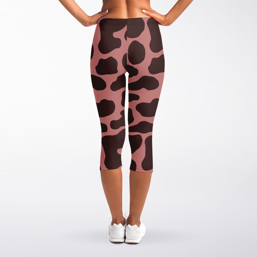 Red Brown Cow Print Women's Capri Leggings