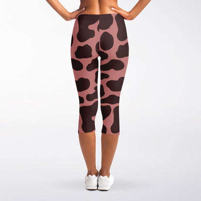 Red Brown Cow Print Women's Capri Leggings