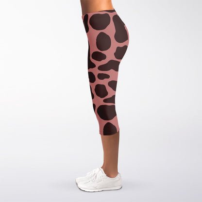 Red Brown Cow Print Women's Capri Leggings