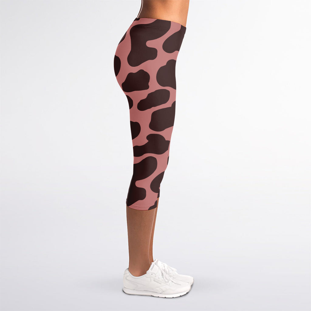 Red Brown Cow Print Women's Capri Leggings