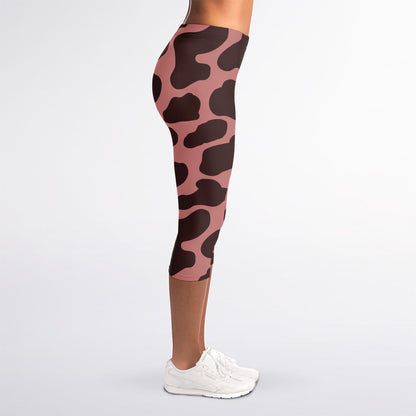 Red Brown Cow Print Women's Capri Leggings
