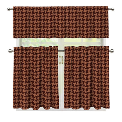 Red Brown Houndstooth Pattern Print 3 Piece Kitchen Curtains