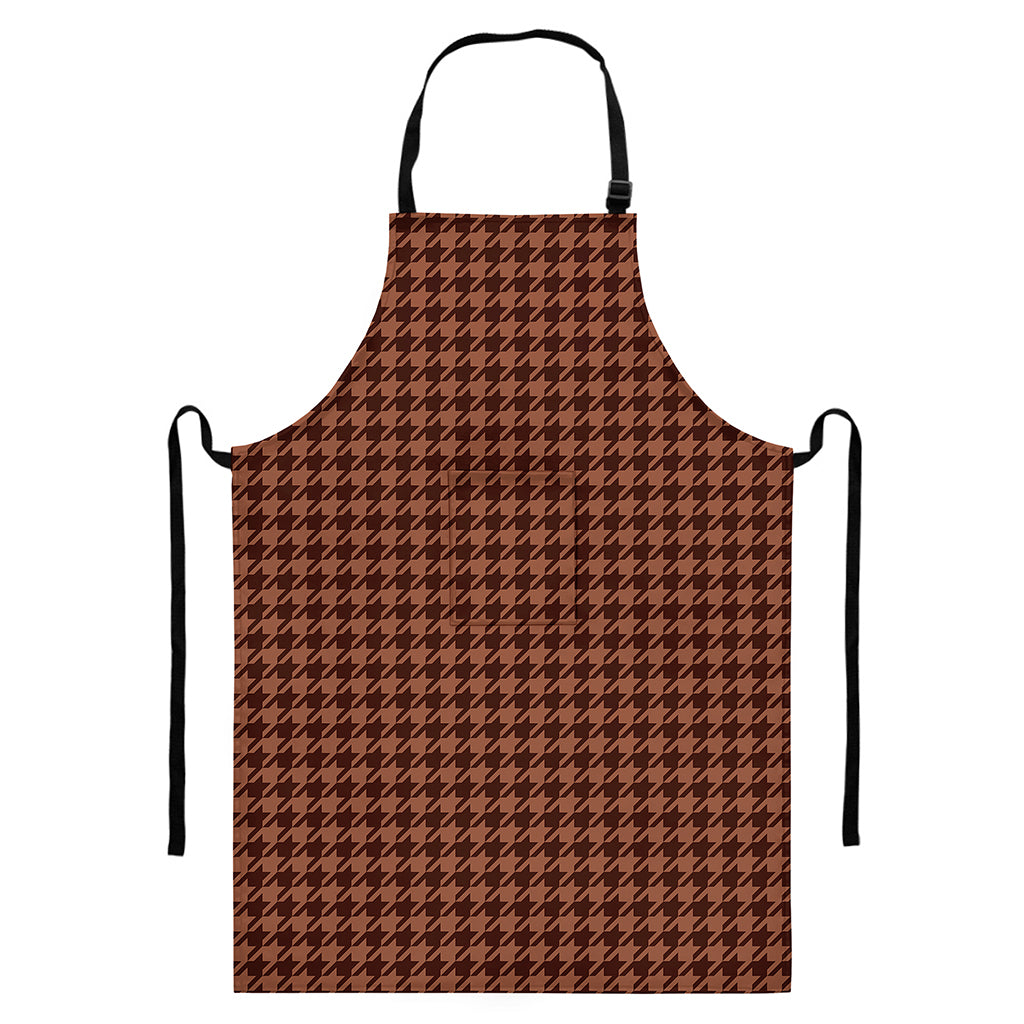 Red Brown Houndstooth Pattern Print Bib Apron With Pocket