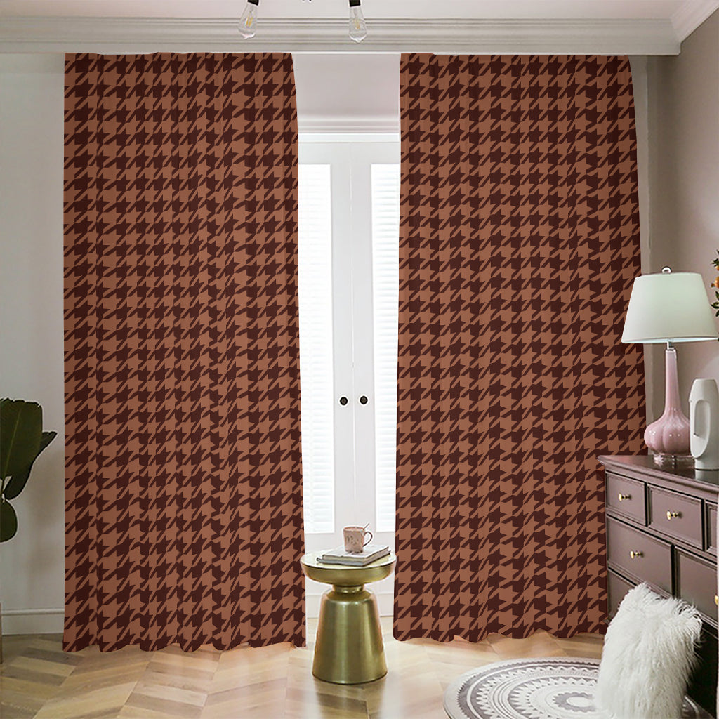 Red Brown Houndstooth Pattern Print Blackout Pencil Pleat Curtains