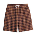 Red Brown Houndstooth Pattern Print Cotton Shorts