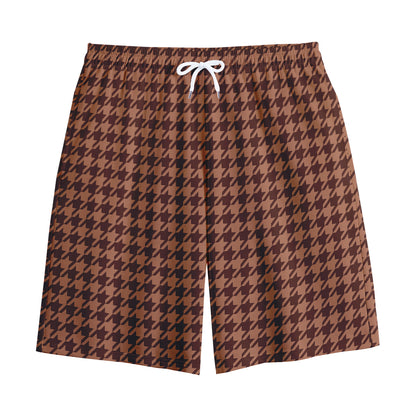 Red Brown Houndstooth Pattern Print Cotton Shorts