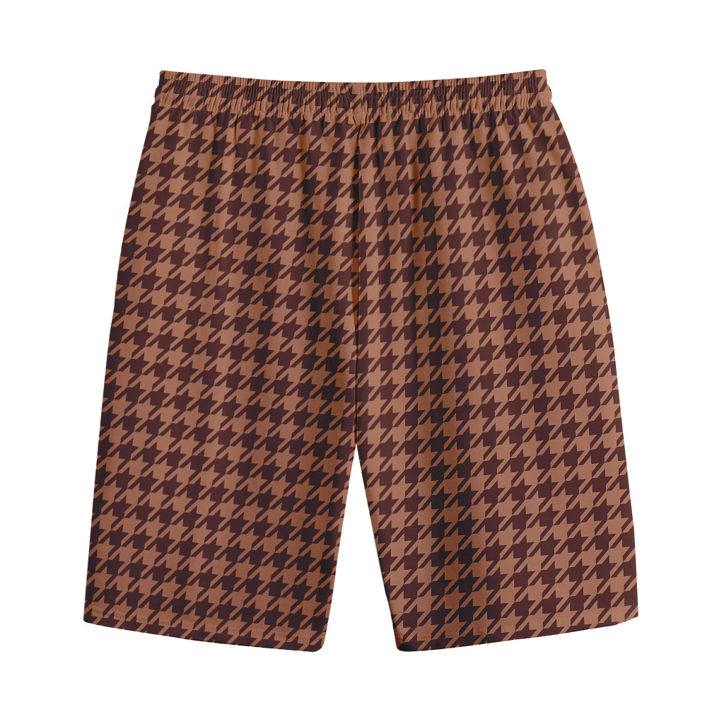 Red Brown Houndstooth Pattern Print Cotton Shorts