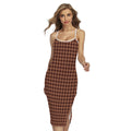 Red Brown Houndstooth Pattern Print Cross Back Cami Dress