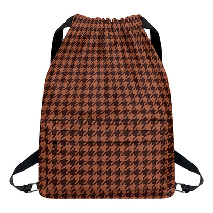 Red Brown Houndstooth Pattern Print Drawstring Backpack
