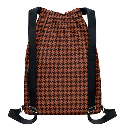 Red Brown Houndstooth Pattern Print Drawstring Backpack