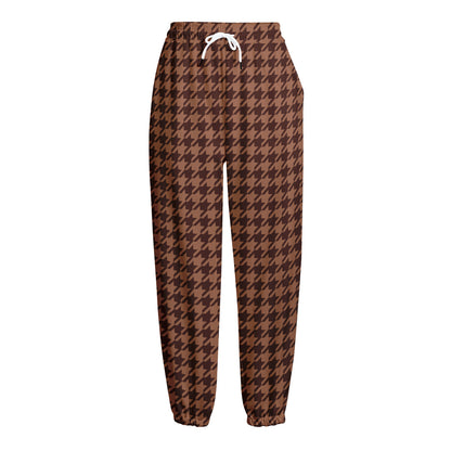 Red Brown Houndstooth Pattern Print Fleece Lined Knit Pants