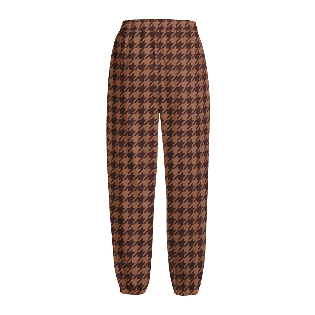 Red Brown Houndstooth Pattern Print Fleece Lined Knit Pants