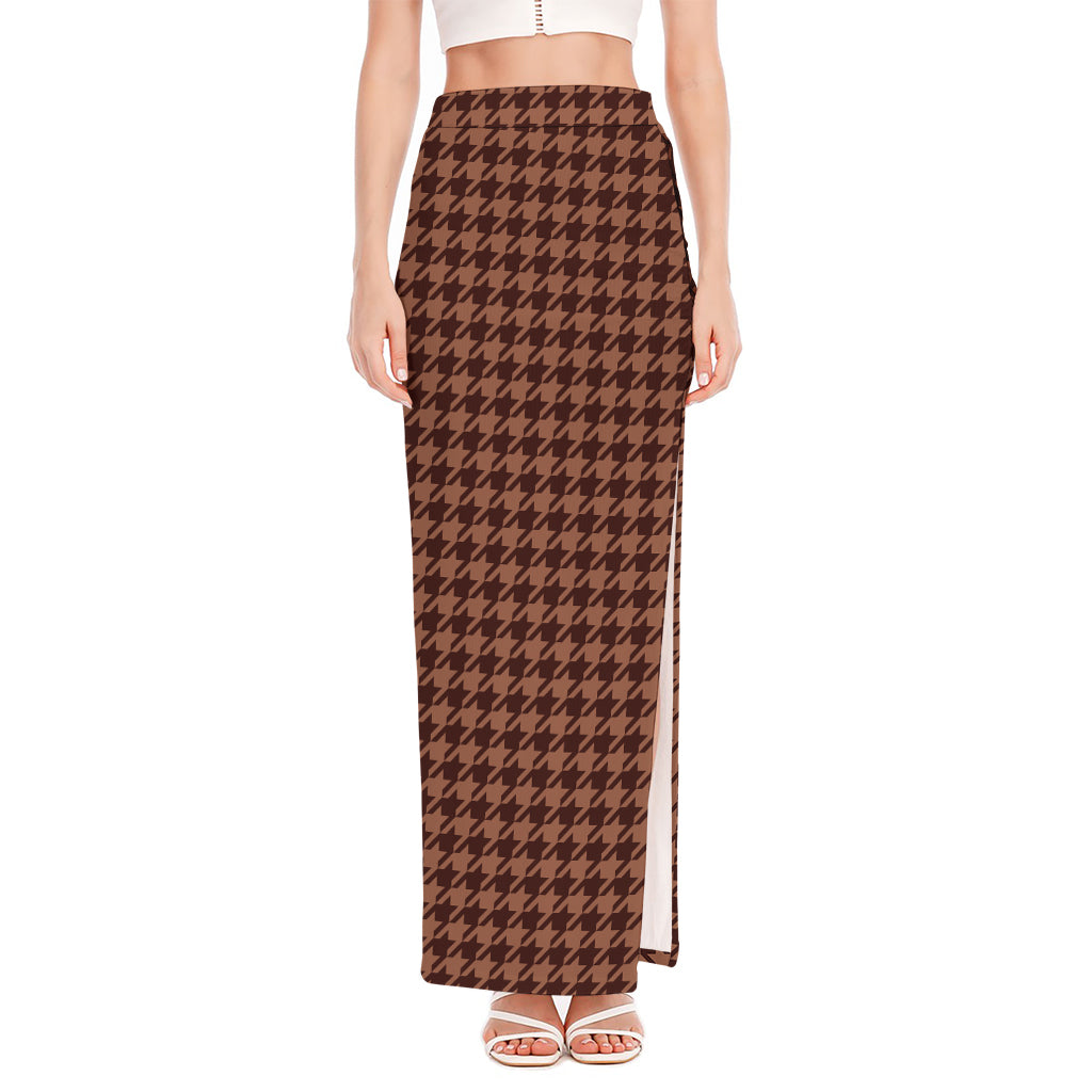 Red Brown Houndstooth Pattern Print High Slit Maxi Skirt