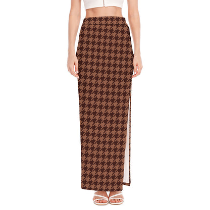 Red Brown Houndstooth Pattern Print High Slit Maxi Skirt