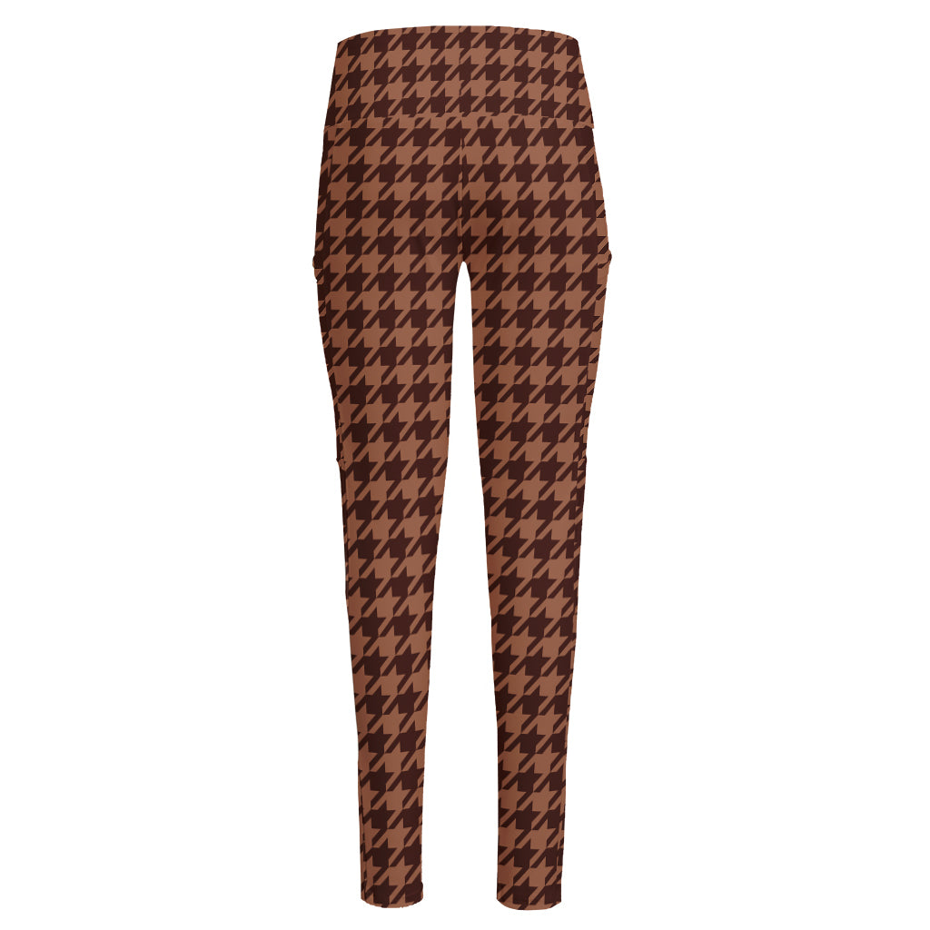 Red Brown Houndstooth Pattern Print High-Waisted Pocket Leggings