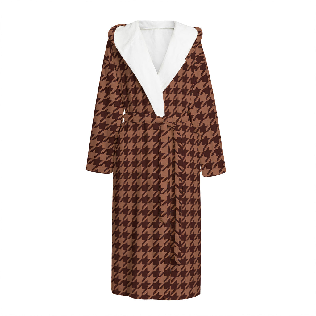 Red Brown Houndstooth Pattern Print Hooded Bathrobe
