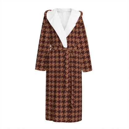 Red Brown Houndstooth Pattern Print Hooded Bathrobe