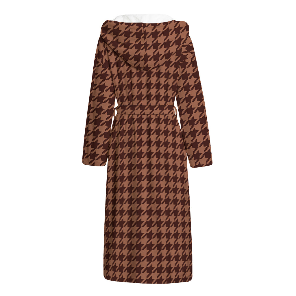 Red Brown Houndstooth Pattern Print Hooded Bathrobe