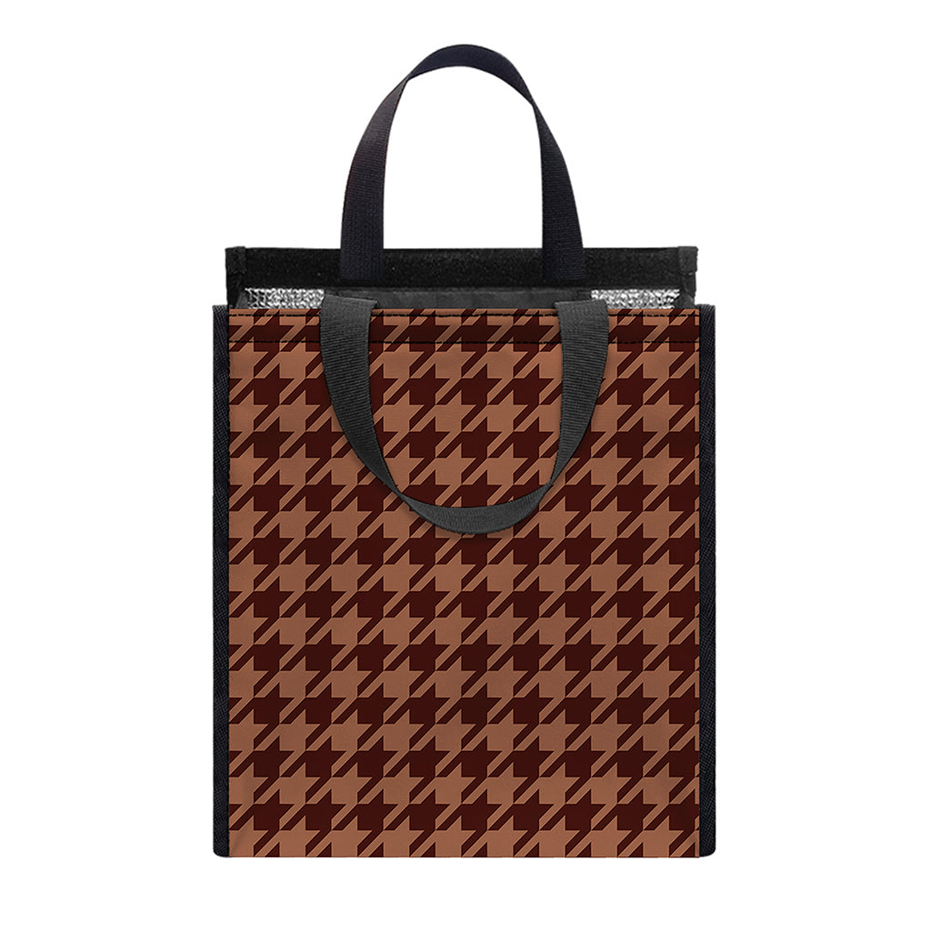 Red Brown Houndstooth Pattern Print Insulated Lunch Tote