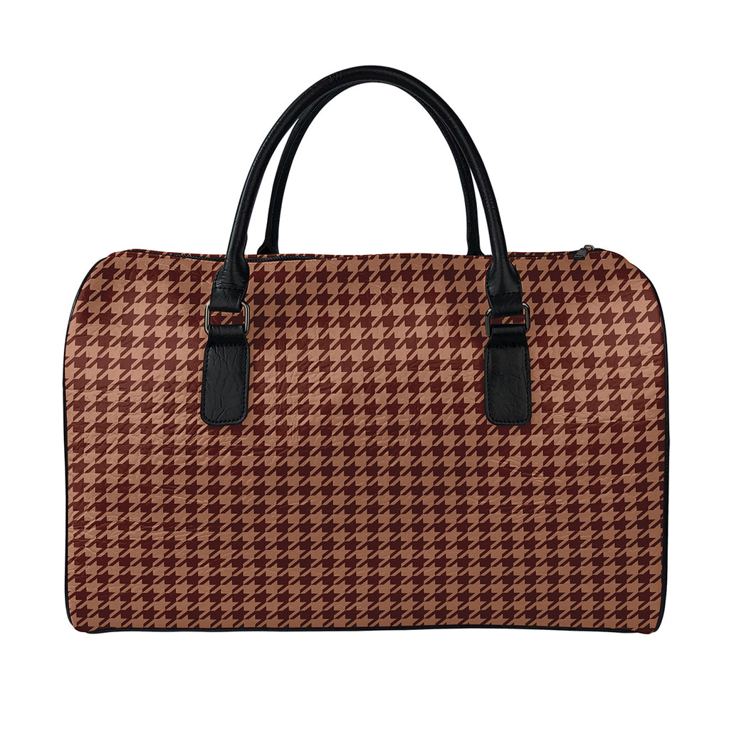 Red Brown Houndstooth Pattern Print Leather Duffle Bag