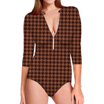 Red Brown Houndstooth Pattern Print Long Sleeve Swimsuit