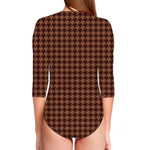 Red Brown Houndstooth Pattern Print Long Sleeve Swimsuit