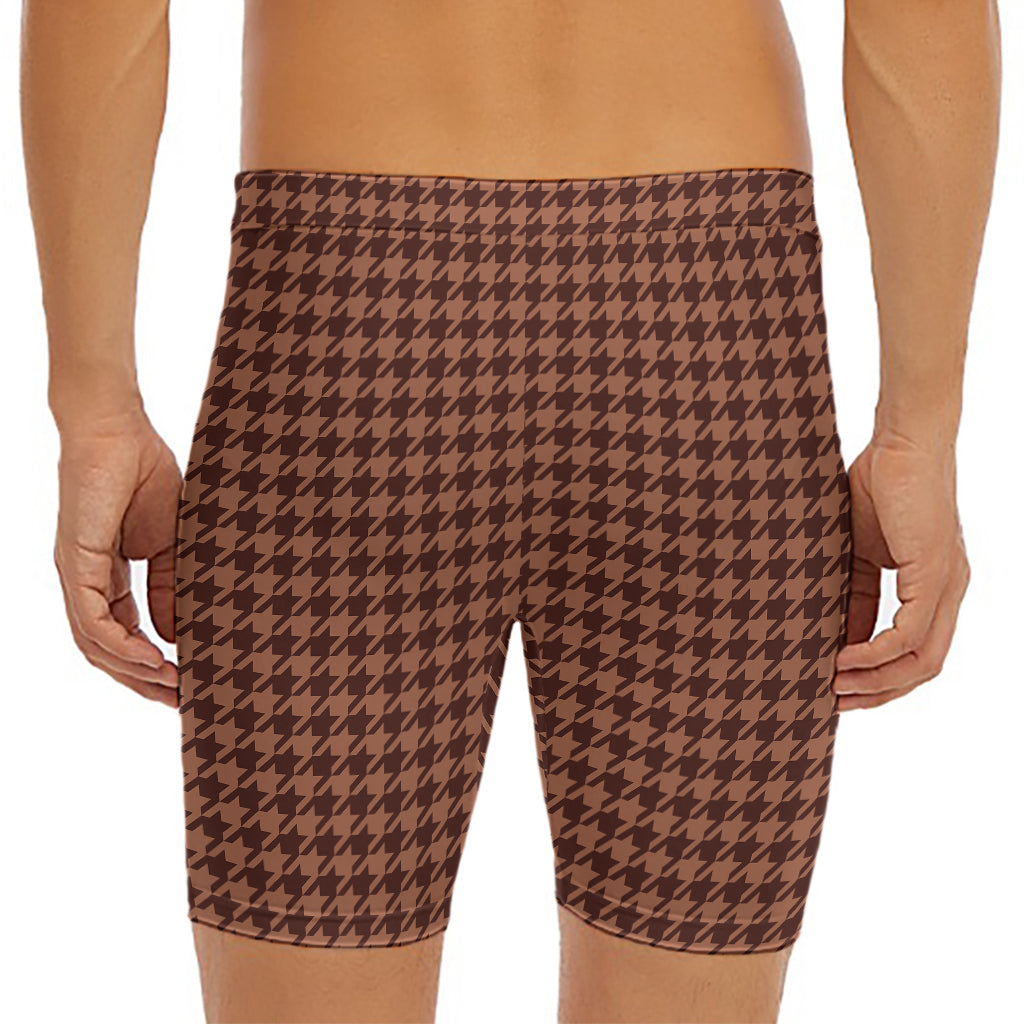 Red Brown Houndstooth Pattern Print Men's Long Boxer Briefs