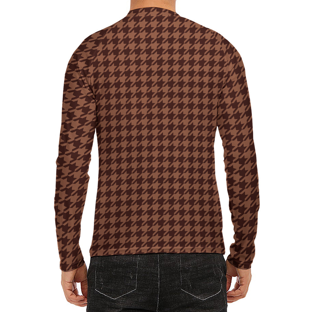 Red Brown Houndstooth Pattern Print Men's Long Sleeve Rash Guard