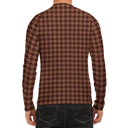 Red Brown Houndstooth Pattern Print Men's Long Sleeve Rash Guard