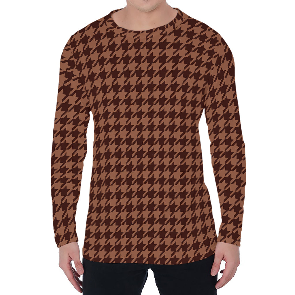 Red Brown Houndstooth Pattern Print Men's Long Sleeve T-Shirt