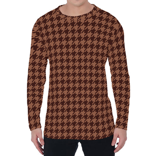 Red Brown Houndstooth Pattern Print Men's Long Sleeve T-Shirt