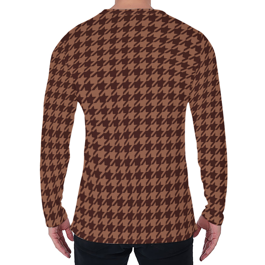 Red Brown Houndstooth Pattern Print Men's Long Sleeve T-Shirt
